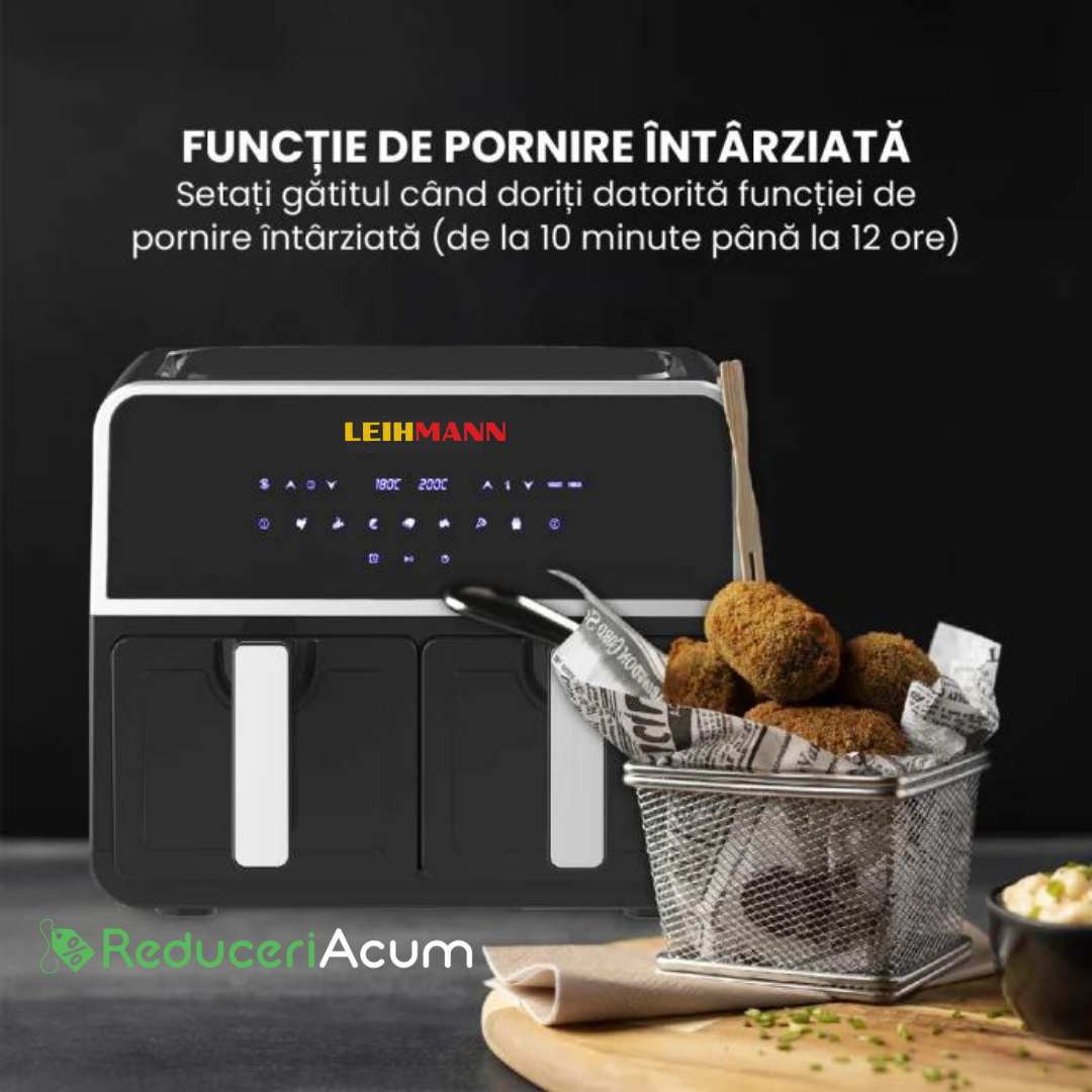 Friteuza cu aer cald 3000W, Cos Dublu, 10 litri, Termostat 80 - 200 °C, 8 programe predefinite, Negru