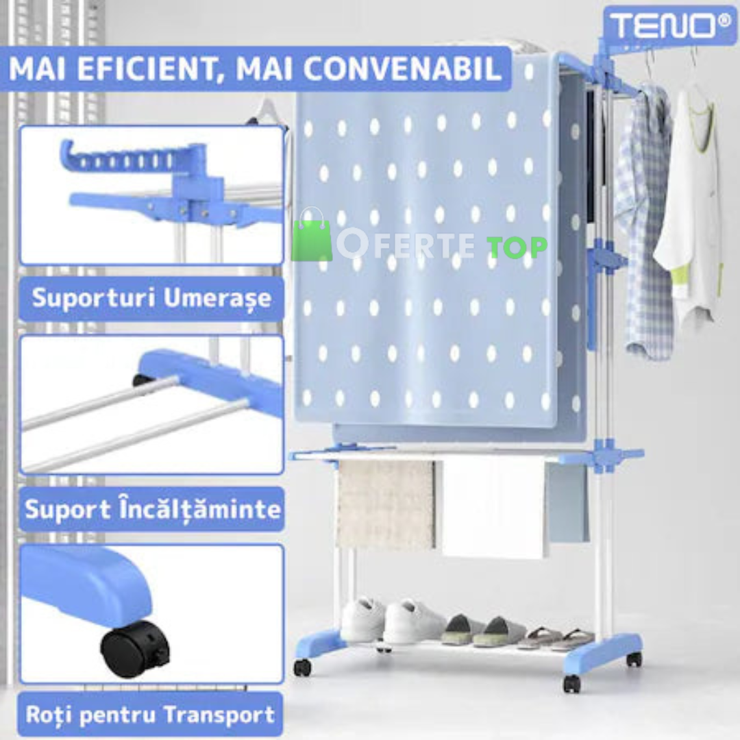Uscator Vertical pentru Rufe si Haine, 3 niveluri, mobil, pliabil, pentru spatii mici, suport umerase, cadru rezistent, inaltime 175cm, albastru