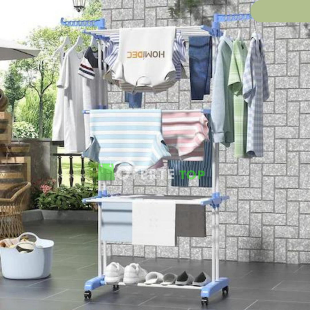 Uscator Vertical pentru Rufe si Haine, 3 niveluri, mobil, pliabil, pentru spatii mici, suport umerase, cadru rezistent, inaltime 175cm, albastru
