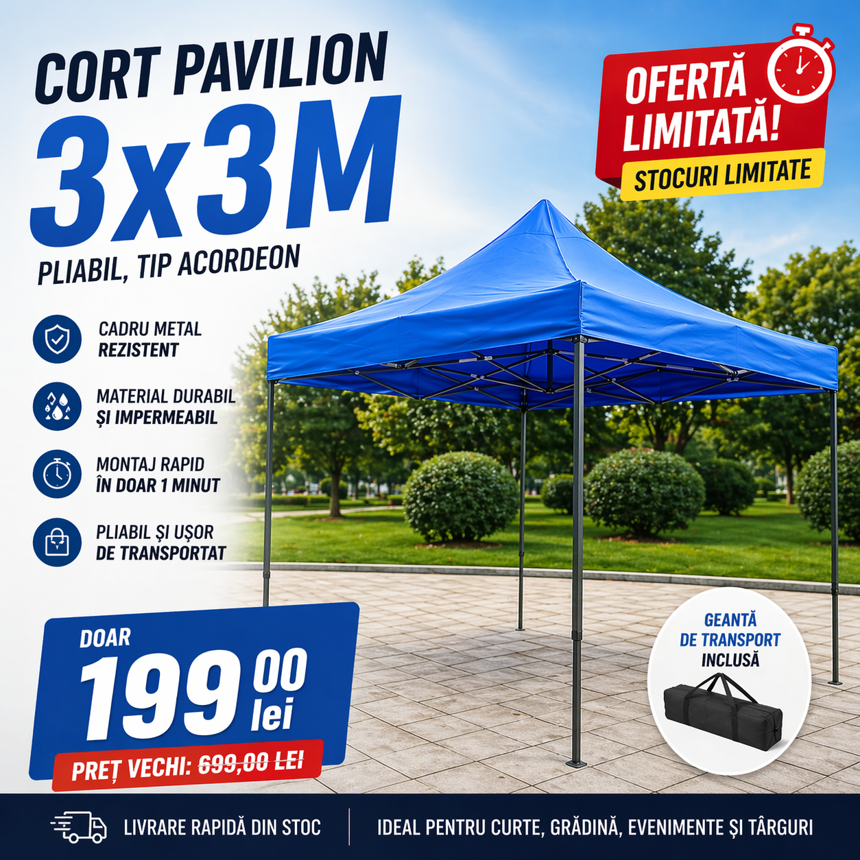 Cort albastru Pavilion 3x3m Pliabil, tip acordeon! Cadru Metal pentru Curte, Gradina, Evenimente