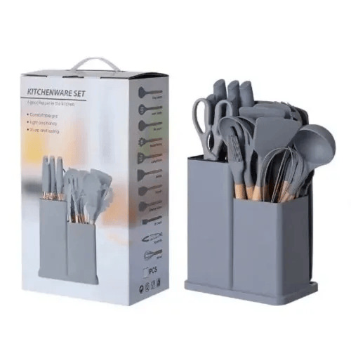 Set bucatarie de 12 ustensile de din silicon termorezistent si maner din lemn natural