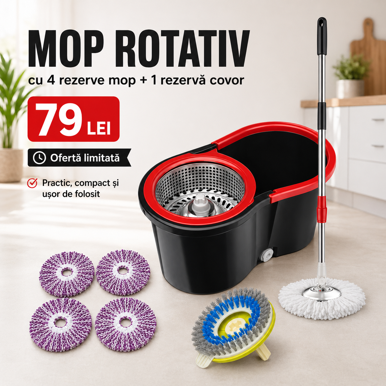 MOP ROTATIV CU 4 REZERVE MOP + 1 REZERVA COVOR