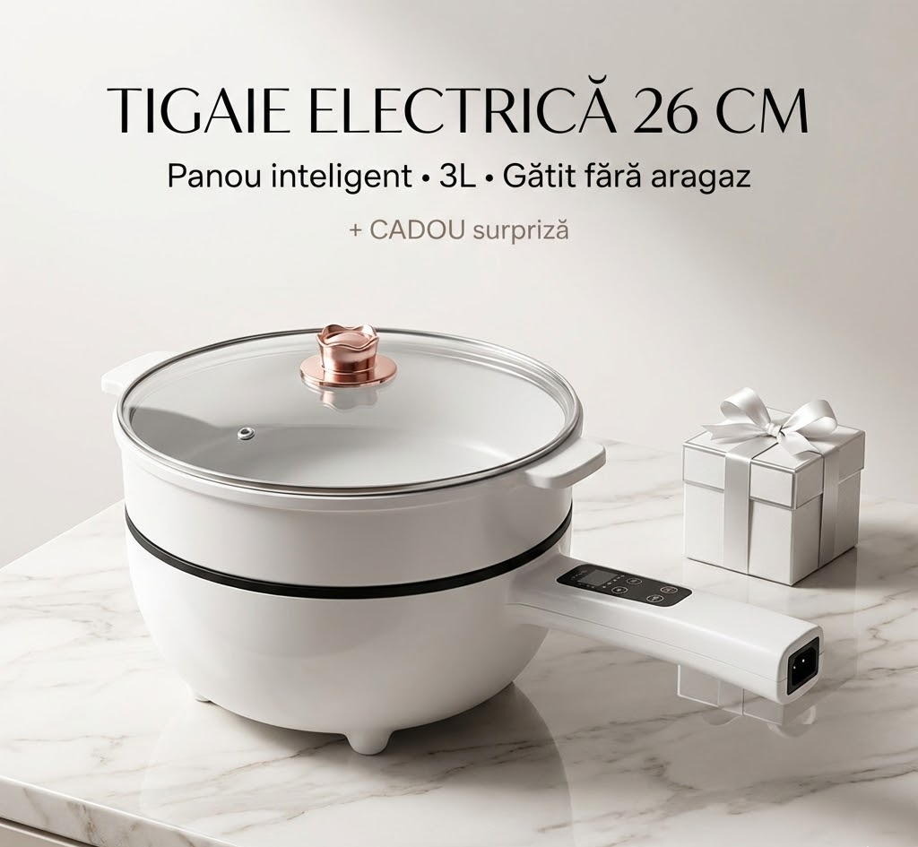 Tigaie Electrica 26cm, 3L Capacitate, cu Panou de Control Inteligent multifunctionala, pentru gatit fara aragaz + CADOU surpriza