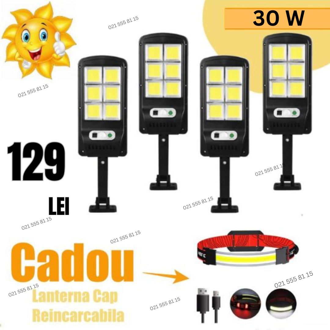 Set 4 X Lampa Solara Stradala 6COB 120 LED, Senzor de Miscare, Panou Solar Incorporat, Telecomanda, IP67 Wateproof, Negru