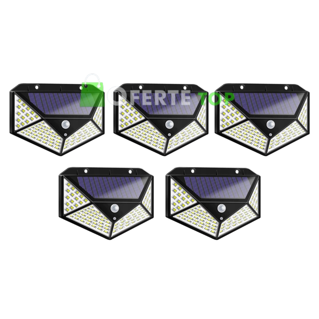 SET 5 lampi de exterior cu 100 LED uri cu incarcare solara si senzor de miscare