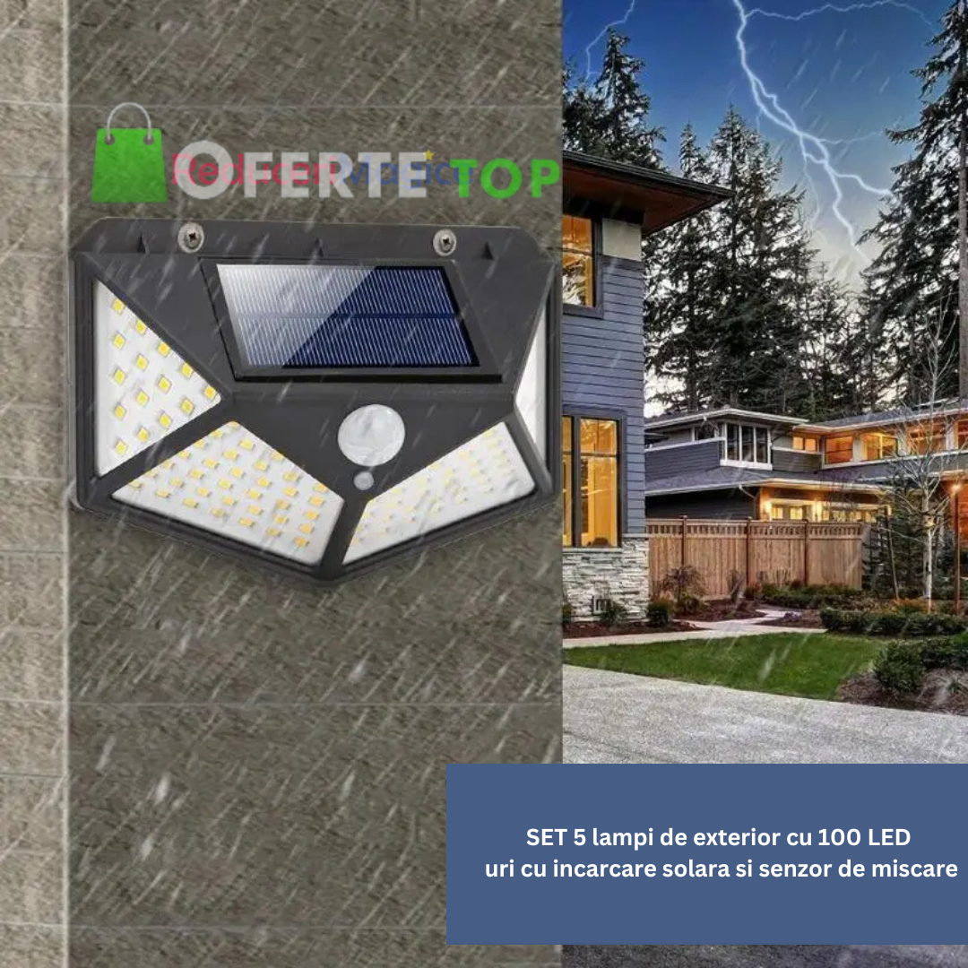 SET 5 lampi de exterior cu 100 LED uri cu incarcare solara si senzor de miscare