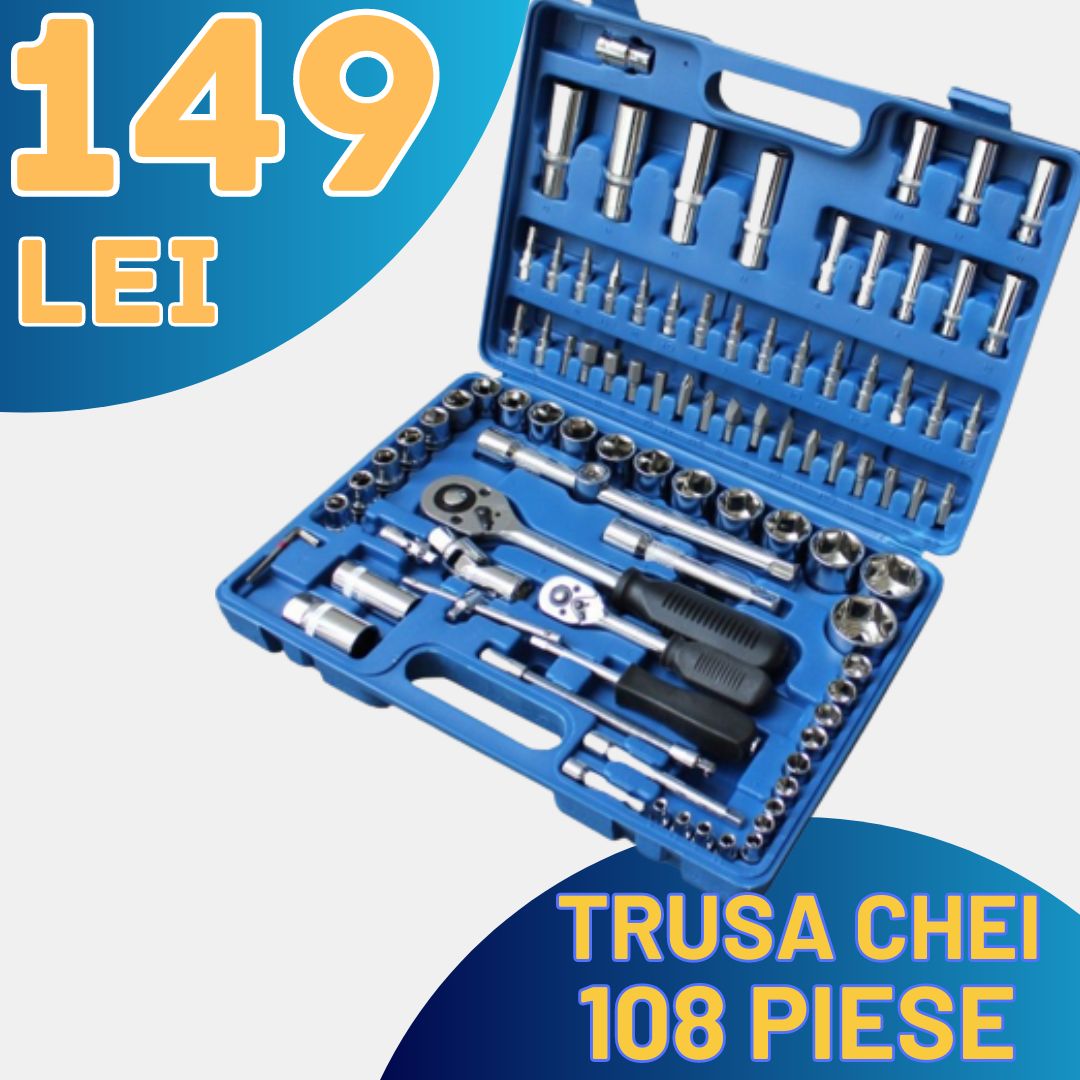 trusa scule,chei tubulare, 108 de piese + CADOU SET UNELTE 8 PIESE