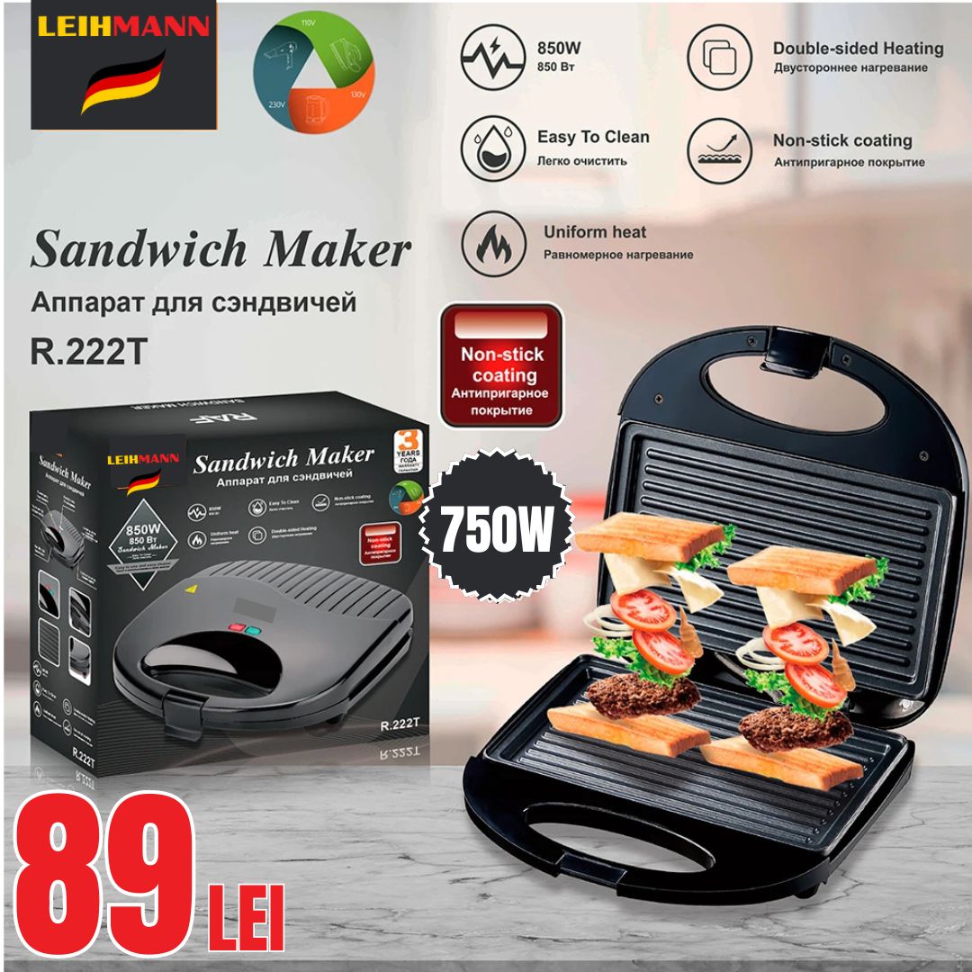 Sandwich maker, Putere 750 W, Invelis anti-aderent