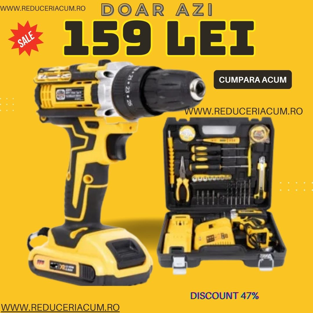 Trusa bormasina LEIH MANN, 2 acumulatori, 36V, 5Ah, incarcator si 30 accesorii, galben