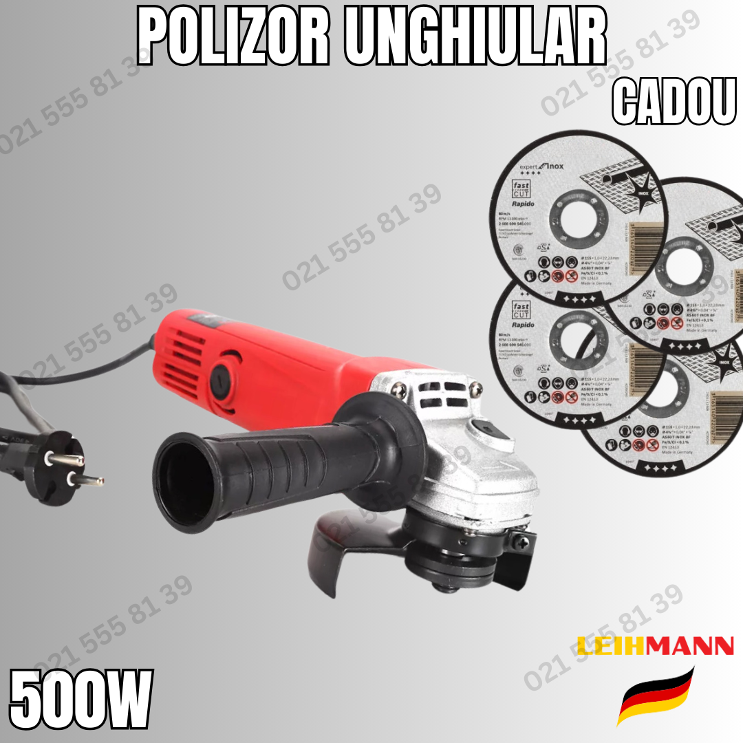 Polizor unghiular profesional, roșu, 4.2 Amperi, 500W, compatibil cu discuri de 4.5 și 5 inch (4 DISCURI CADOU)