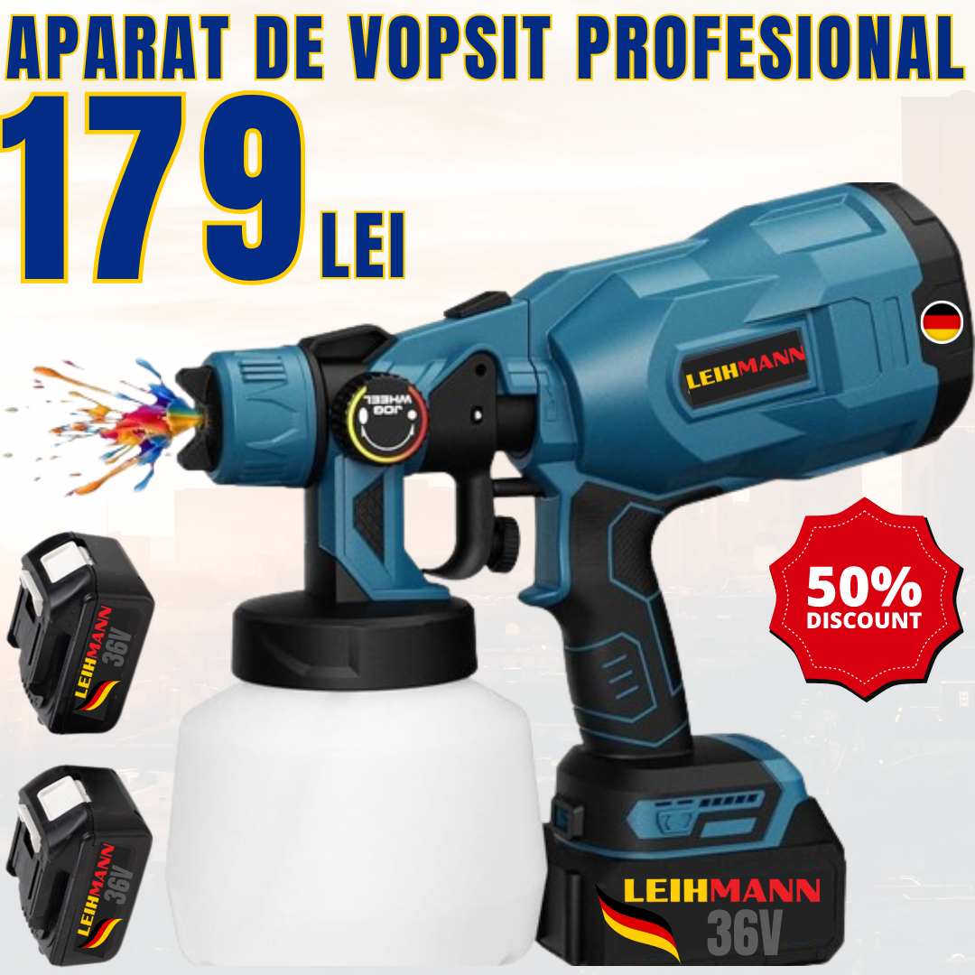 Aparat Profesional De Vopsit Și Zugrăvit LEIHMANN, Electric, Cu Rezervor De Vopsea, 800 ml si 2 Acumulatori, 36V, Portabil