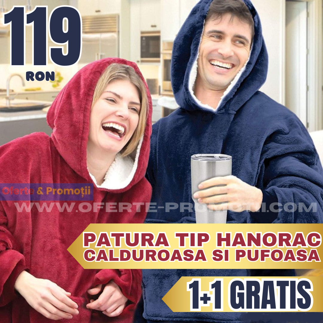 Patura tip hanorac, cu gluga, calduroasa și pufoasa 1 + 1 GRATUIT