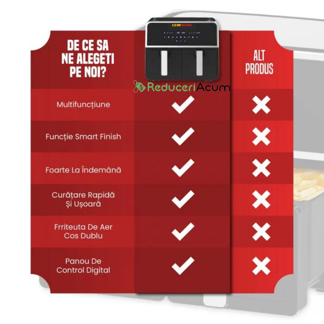 Friteuza cu aer cald 3000W, Cos Dublu, 10 litri, Termostat 80 - 200 °C, 8 programe predefinite, Negru