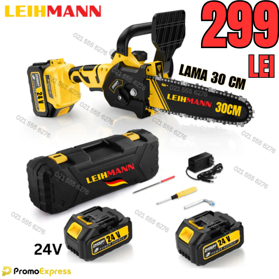 DRUJBA ELECTRICA LEIHMANN LAMA 30CM, CU 2 ACUMULATORI 24V, 5AH, GALBENA CU NEGRU