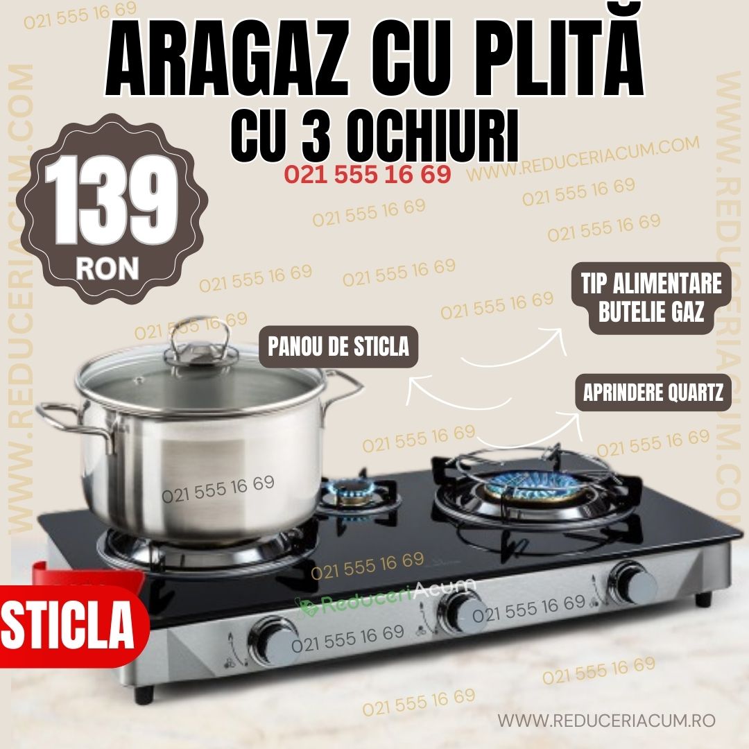 Aragaz cu plita d sticla si 3 ochiuri, alimentare GPL Butelie