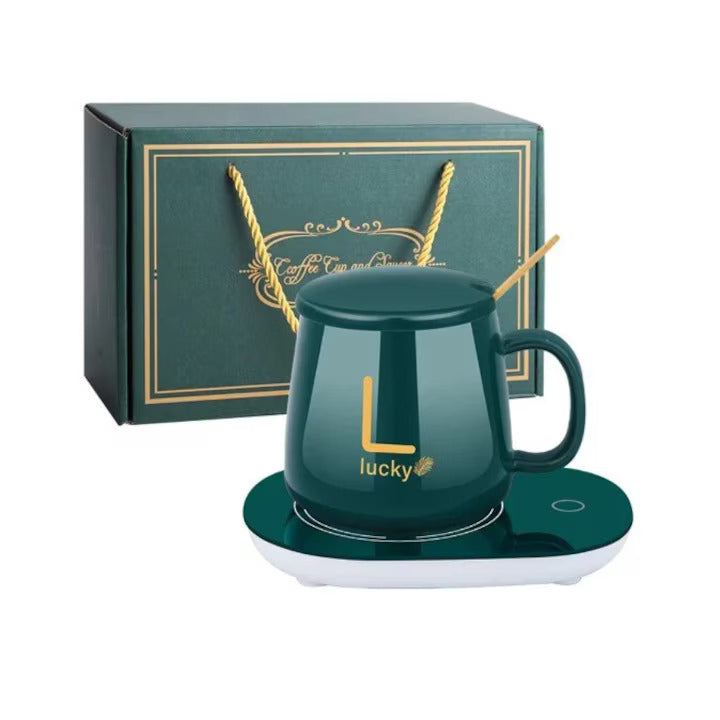 Cana ceramica Inteligenta Lucky pentru Incalzire Automata a Bauturilor, Cafea, Lapte, Ceai, 55°C, cu Capac si Lingurita, Verde Regal, 350 ml