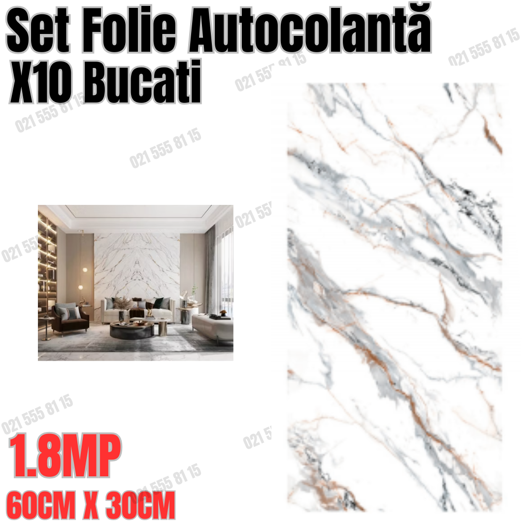 Set 10 Folii Autocolante Marmură Alb-Negru – Dimensiune 60x30 cm