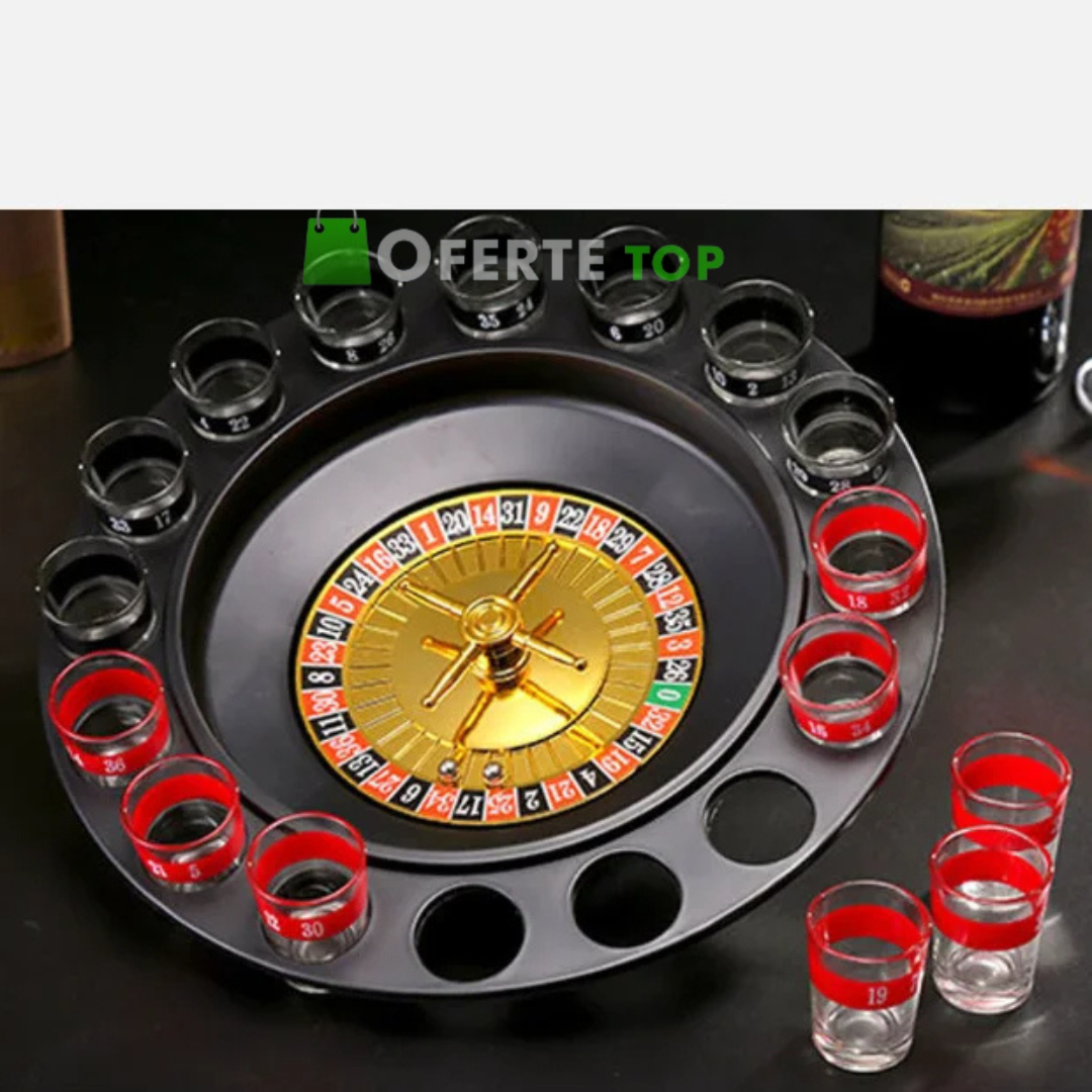 Joc Ruleta cu shot-uri, diametru de 29 cm cu 16 pahare sticla