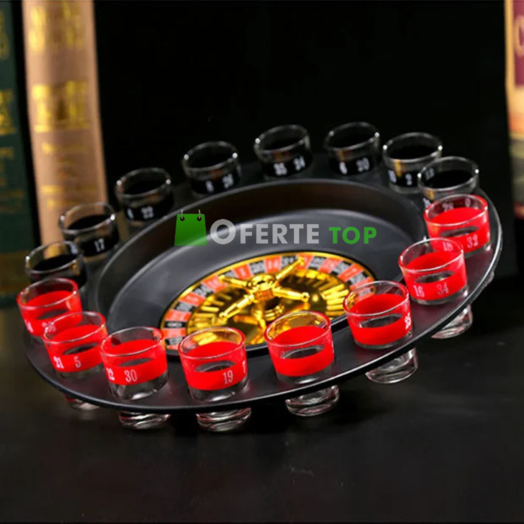 Joc Ruleta cu shot-uri, diametru de 29 cm cu 16 pahare sticla