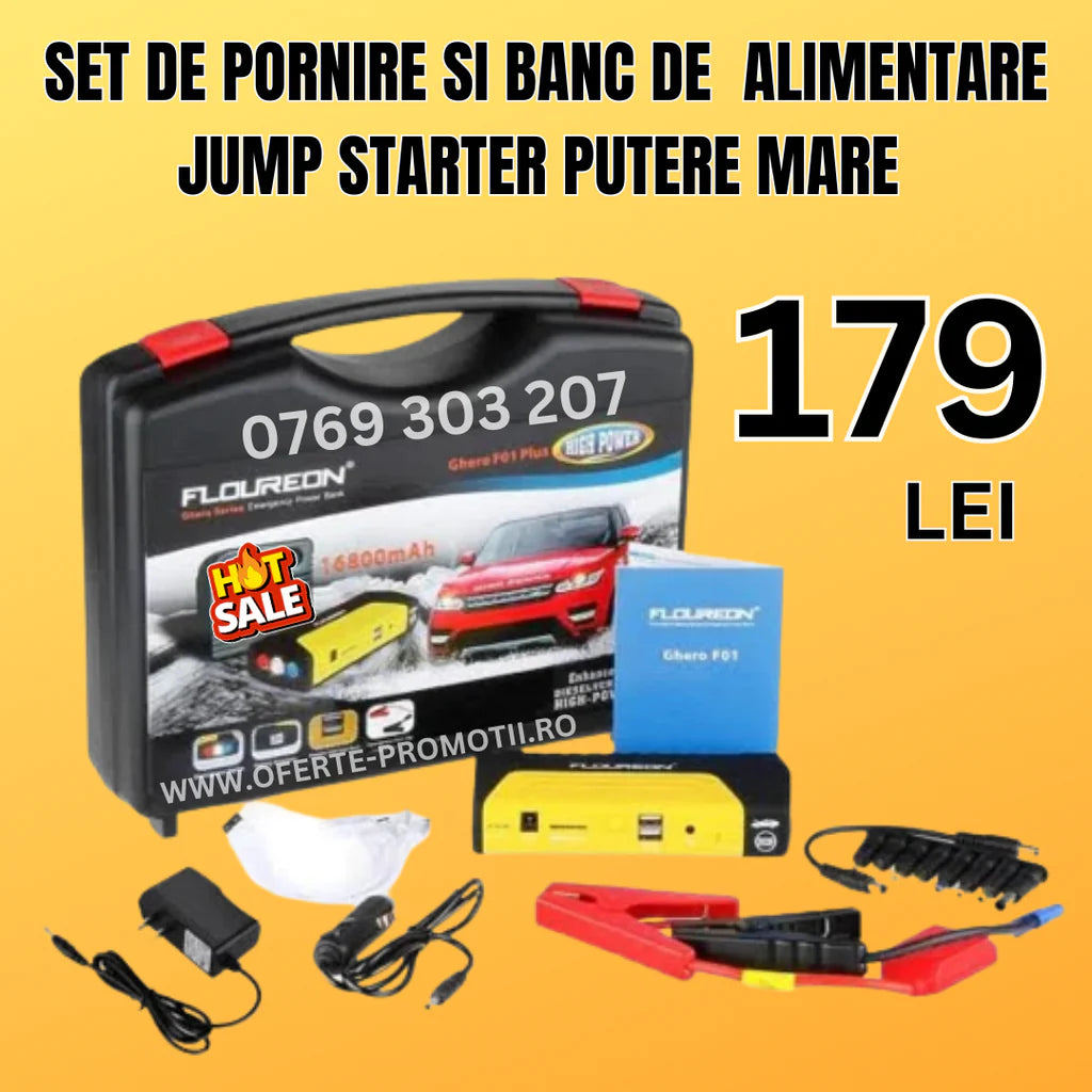 KIT PORNIRE AUTO, MOTO PT BATERIE DESCARCATA, CU POWERBANK, LED, USB (JUMP STARTER, BATERIE EXTERNA)