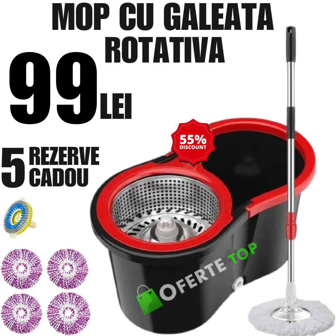 Set Mop Rotativ, Galeata 8L, Capat Microfibra Schimbabil, Sistem de Stoarcere, Negru/Rosu