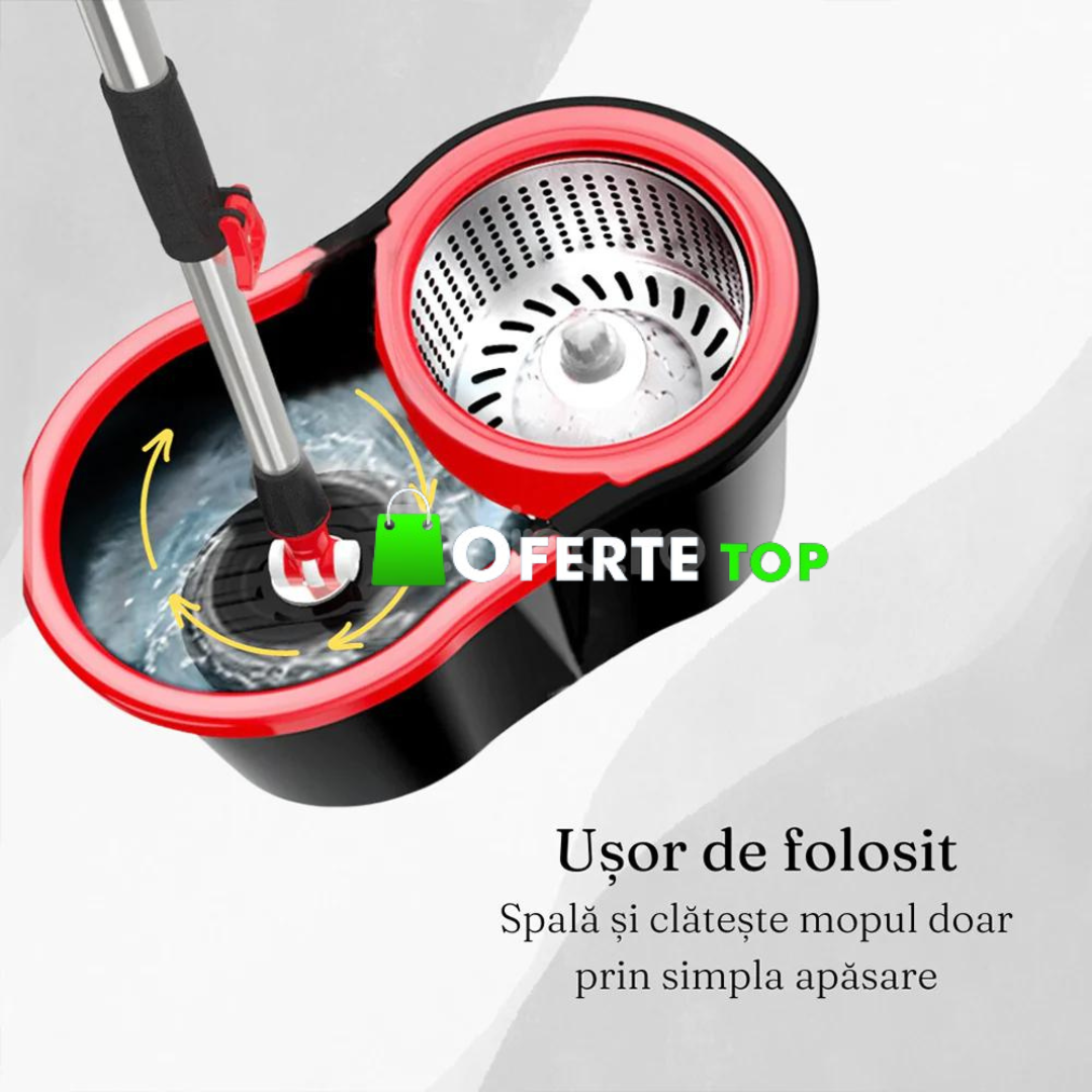 Set Mop Rotativ, Galeata 8L, Capat Microfibra Schimbabil, Sistem de Stoarcere, Negru/Rosu