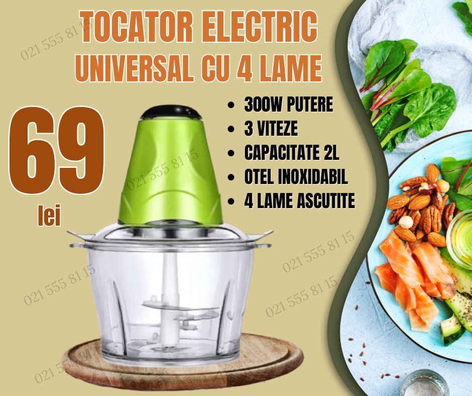 Tocator electric carne si legume, 4 lame inox, 2 viteze, capacitate 2 litri, bol sticla