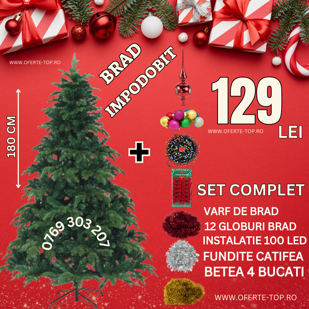 Brad de Craciun 1,8 m, Set Accesorii Pentru Impodobit Incluse, Instalatie 100 LED